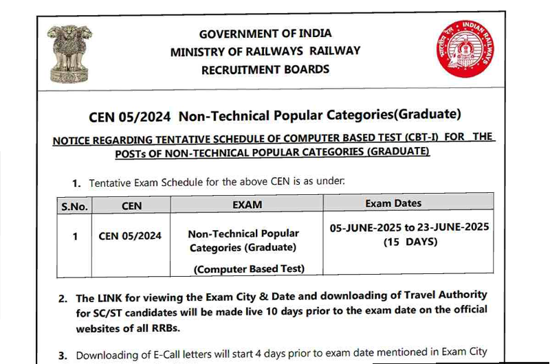RRB NTPC Graduate CEN 06/2025 CBT-I Exam Date Announced: What Aspirants Need to Know