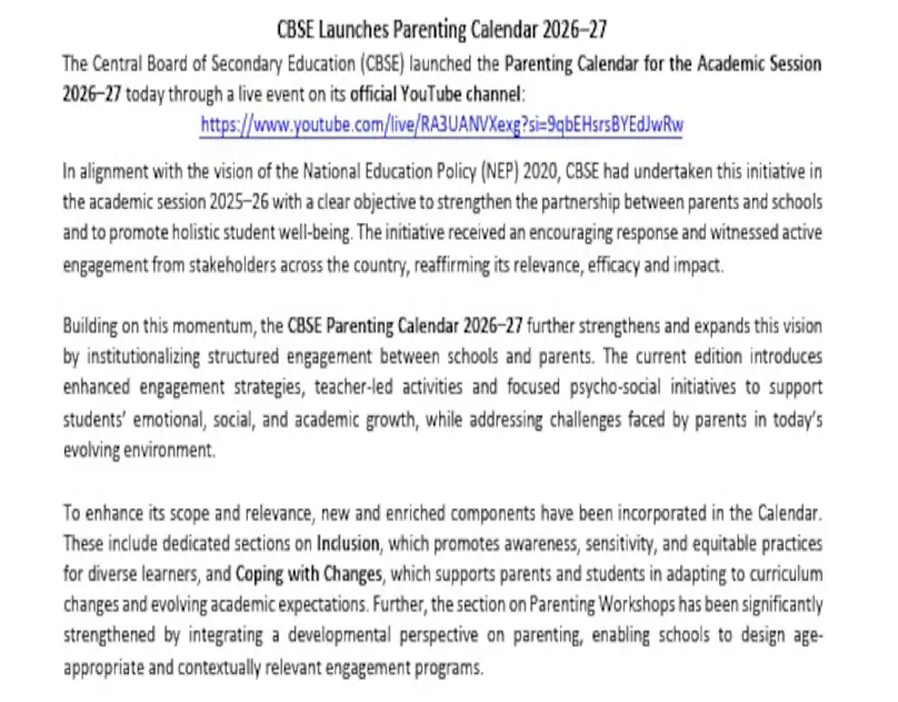 CBSE Parenting Calendar 2026-27 for Holistic Student Growth