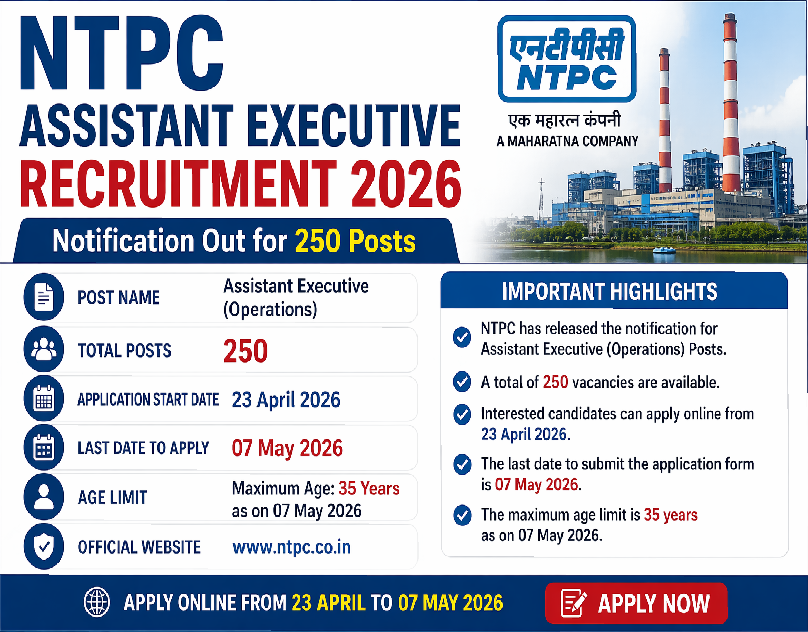 NTPC Assistant Executive Recruitment 2026: Apply for 250 Posts